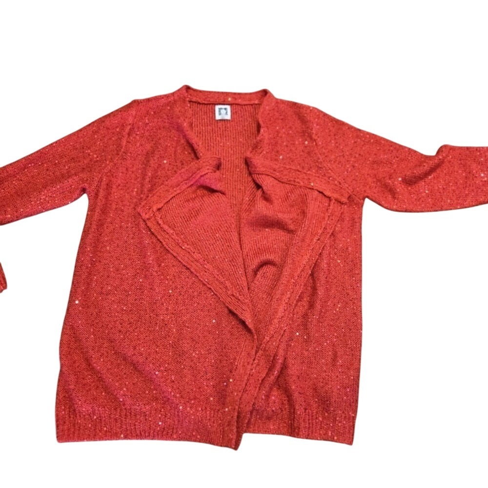 Anne Klein Womens Red Sequin Cardigan‎ Sweater Open Front Draped Collar Lg